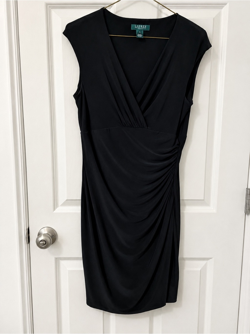 Ralph Lauren Black Sleeveless Faux-Wrap Sheath Dress with Side Ruching - Size 14